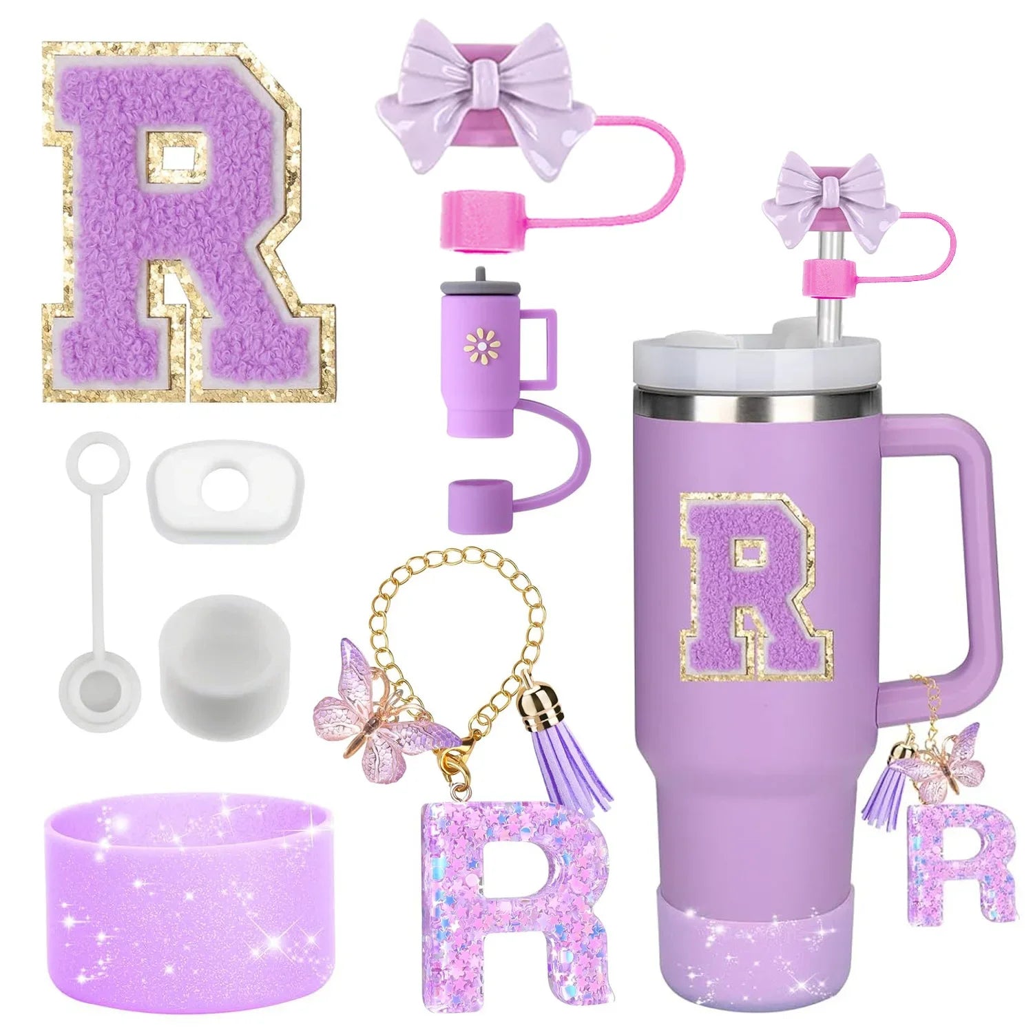 8-Piece Purple Tumbler Accessory Set — Silicone Straw Topper & Personalized Charms