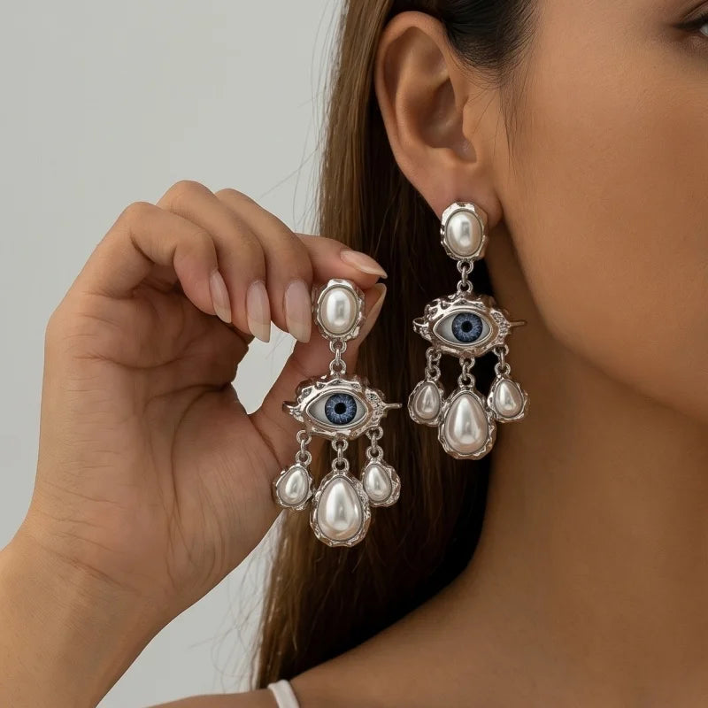Obega Gothic Evil Eye Dangle Earrings — Ornate Pearl Tassel Jewelry