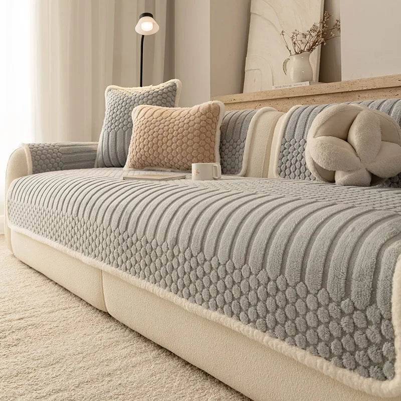 Fluffy Fleece Sofa Cover — Non-Slip Warm Throw for Living Room