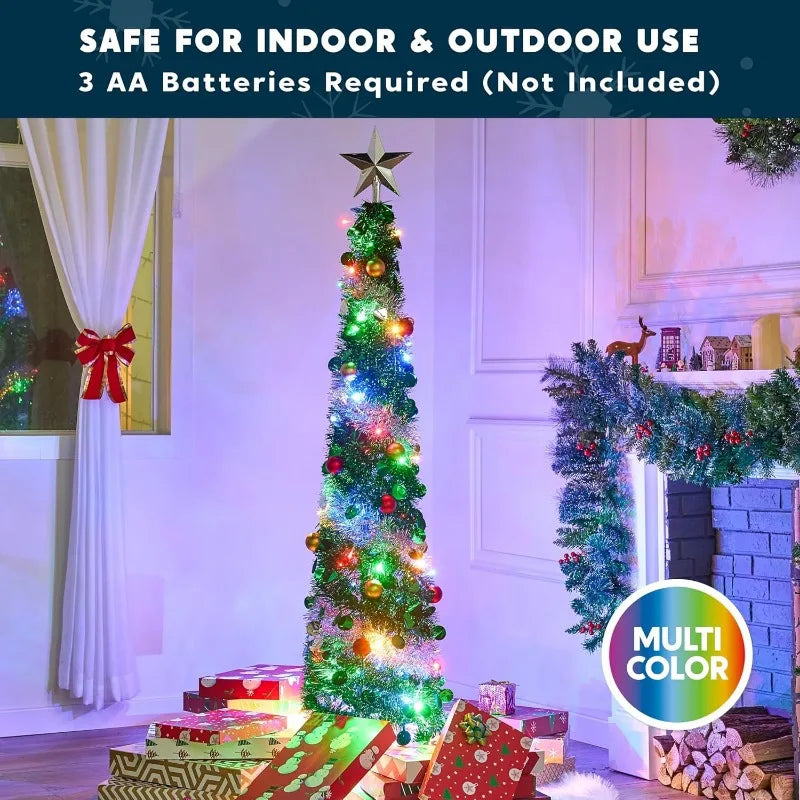 Joyfy 5 FT Tinsel Christmas Tree — Pre-Lit with Multicolor LED Lights