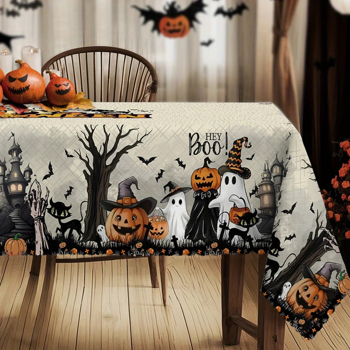 Spooky Halloween Ghost and Black Cat Tablecloth — Waterproof Reusable Decor