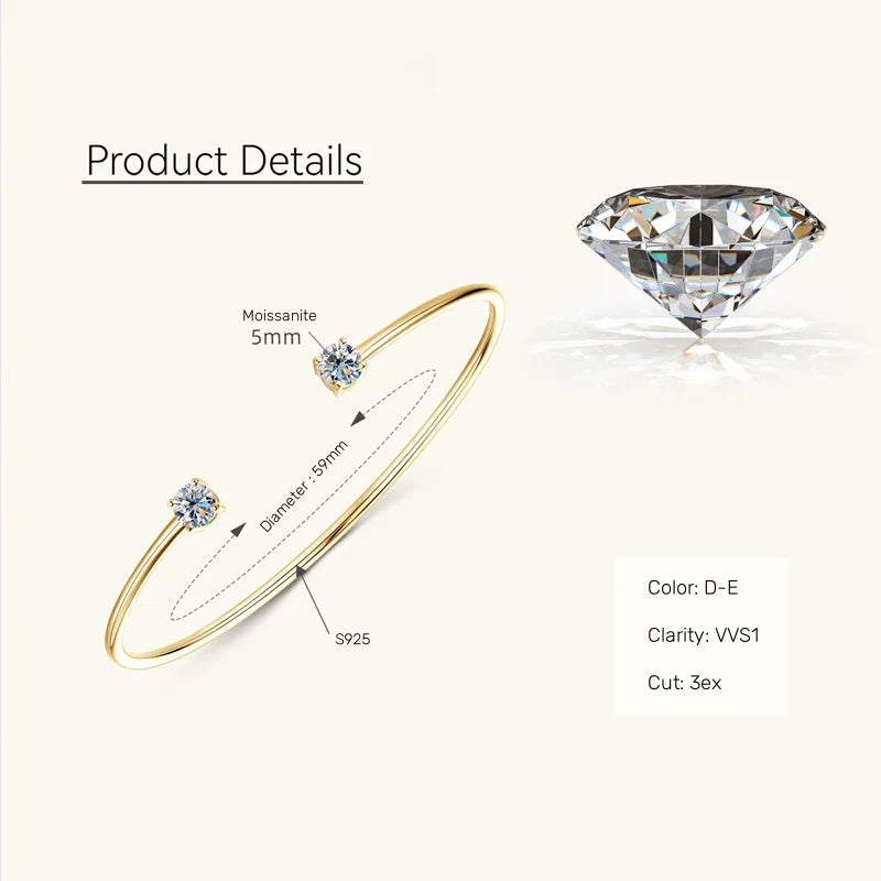 IOGOU Moissanite Diamond Cuff Bangle — 925 Sterling Silver Wedding Bracelet
