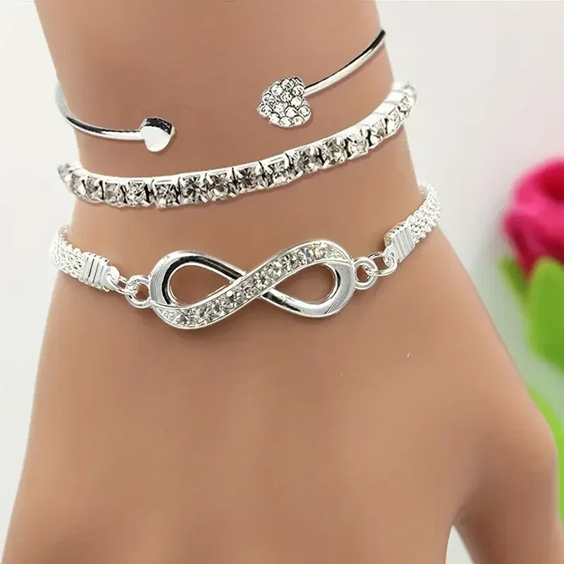 Vintage Crystal Rhinestone Heart Bracelet Set — Adjustable Geometric Bangle Jewelry