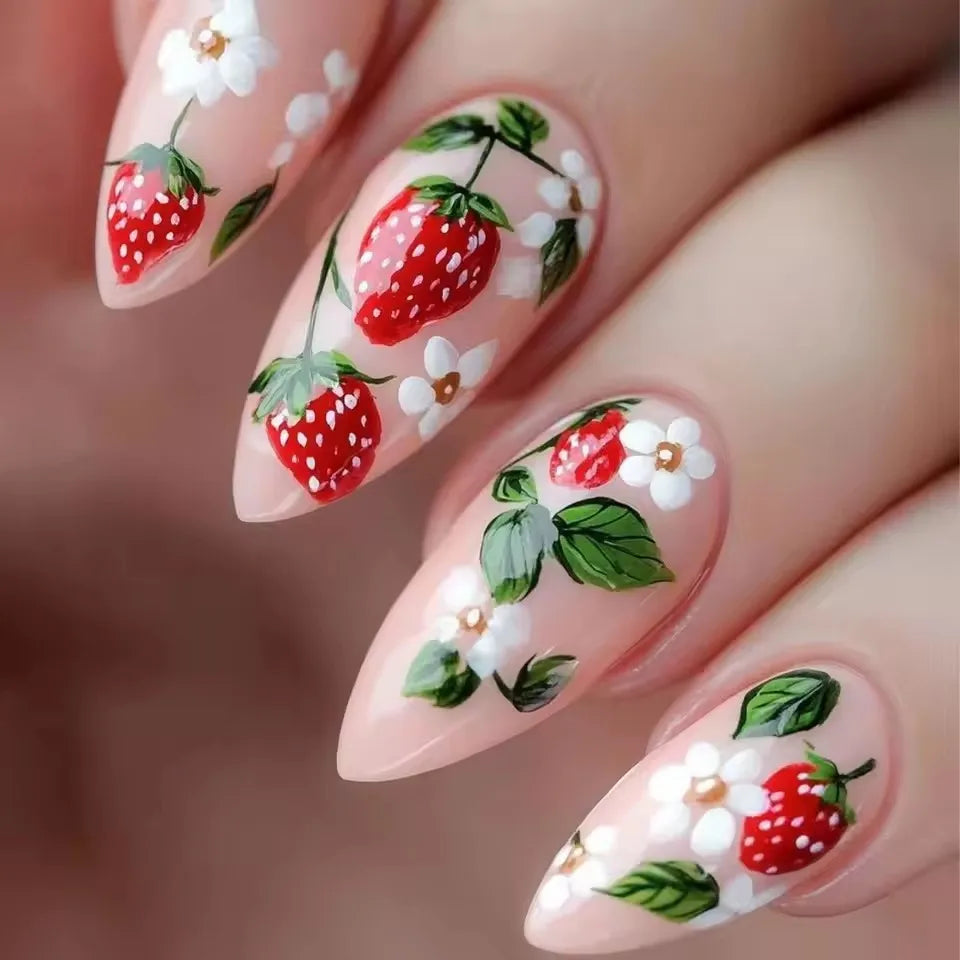 Short Almond Press On Nails — 3D Flower Design Acrylic Set