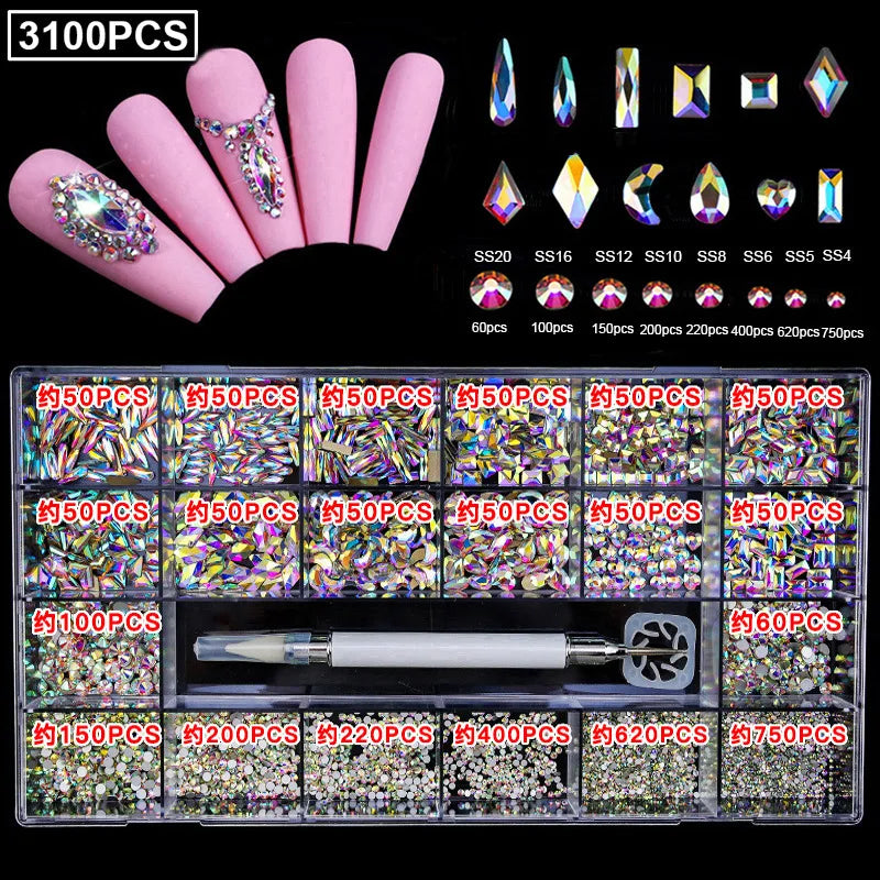 Nibiru DU Crystal Nail Rhinestones Set — Multi-Shape Gem Kit with Pick Up Pen