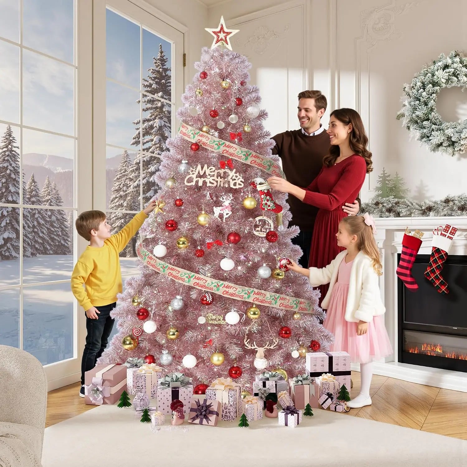 Rose Gold Tinsel Artificial Christmas Tree — Prelit with 250 LED Lights