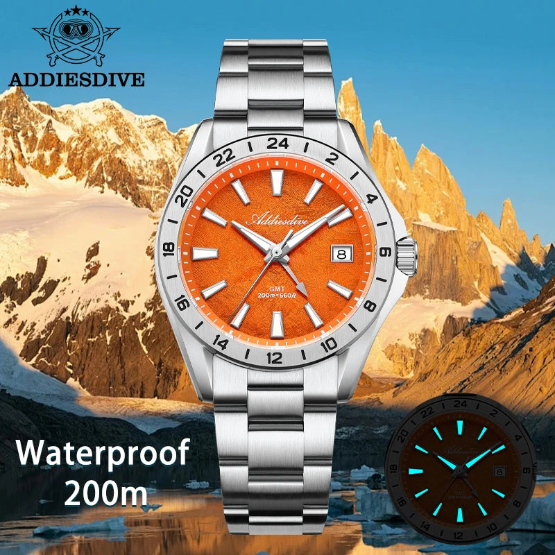 ADDIESDIVE Luxury GMT Watch — Dual Time Zone 38mm Stainless Steel