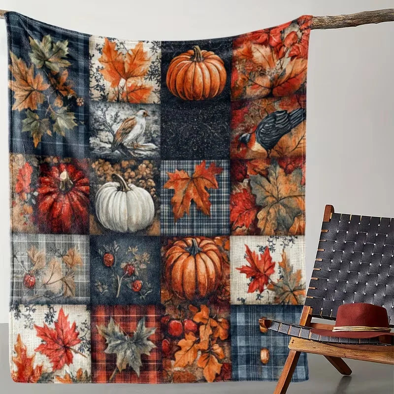 Autumn Harvest Patchwork Throw Blanket — Soft Fleece Fall Decor