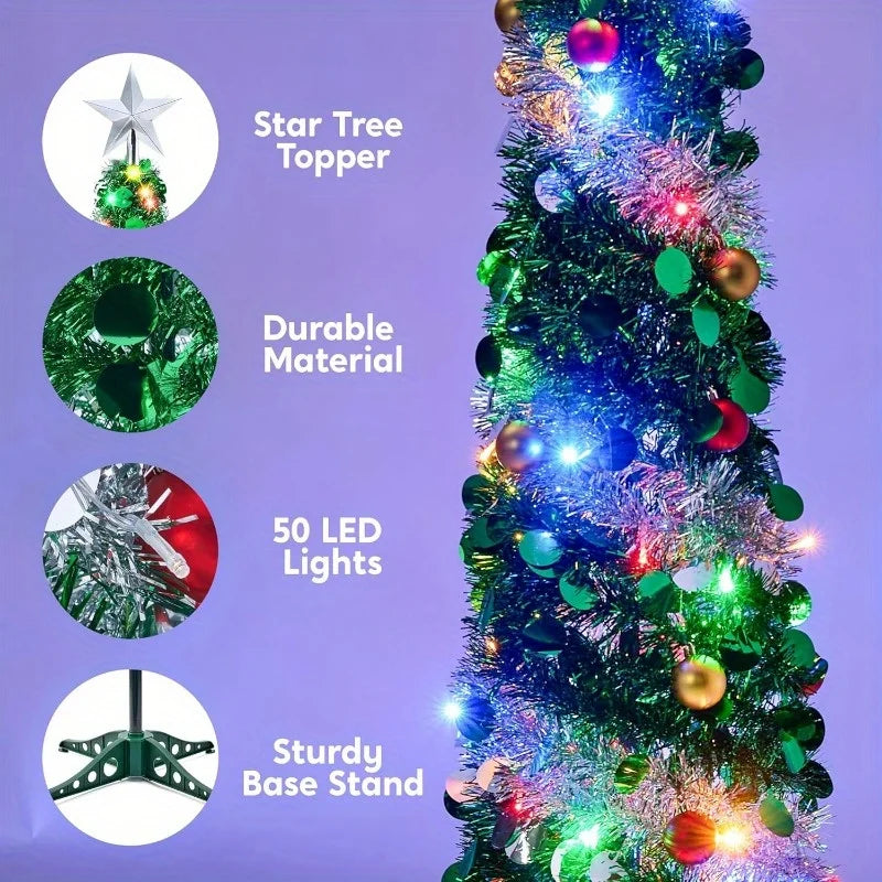 Joyfy 5 FT Tinsel Christmas Tree — Pre-Lit with Multicolor LED Lights