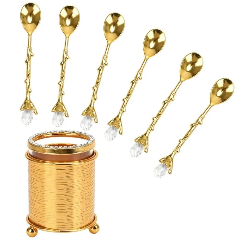Luxury Gold Coffee Spoon Set — 6 Piece Espresso Stirring Spoons with Decorative Holder