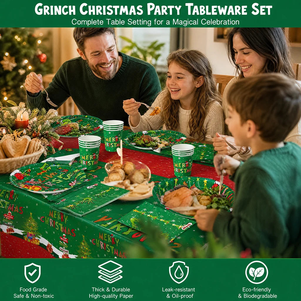 Festive Green Christmas Tableware Set — Disposable Party Supplies