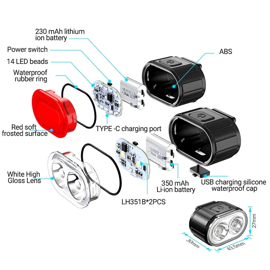 Heinast USB Rechargeable Bicycle Light Set — Waterproof LED Cycling Safety Lamps