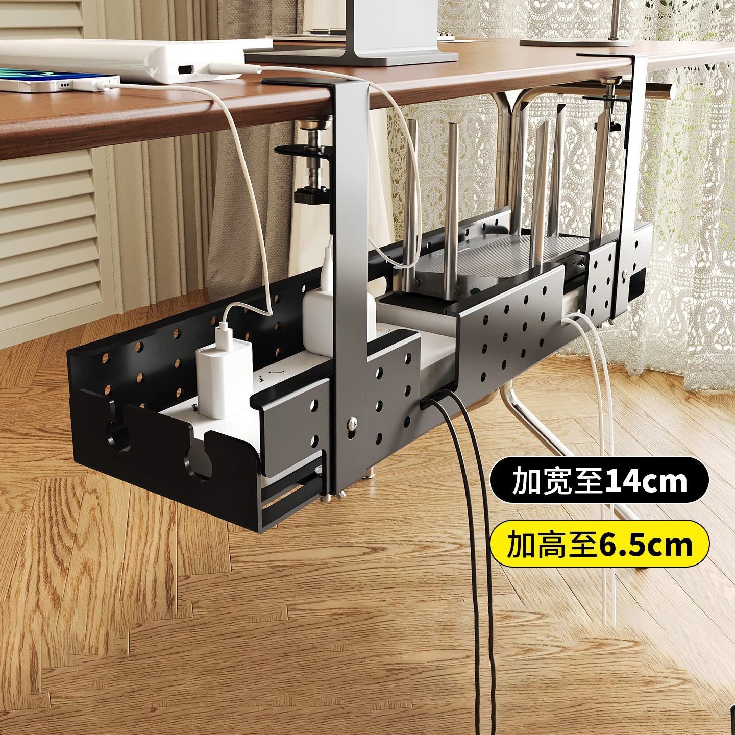 Under Desk Cable Management Tray — Sturdy Metal Cord Organizer, No-Drill Clamp Mount