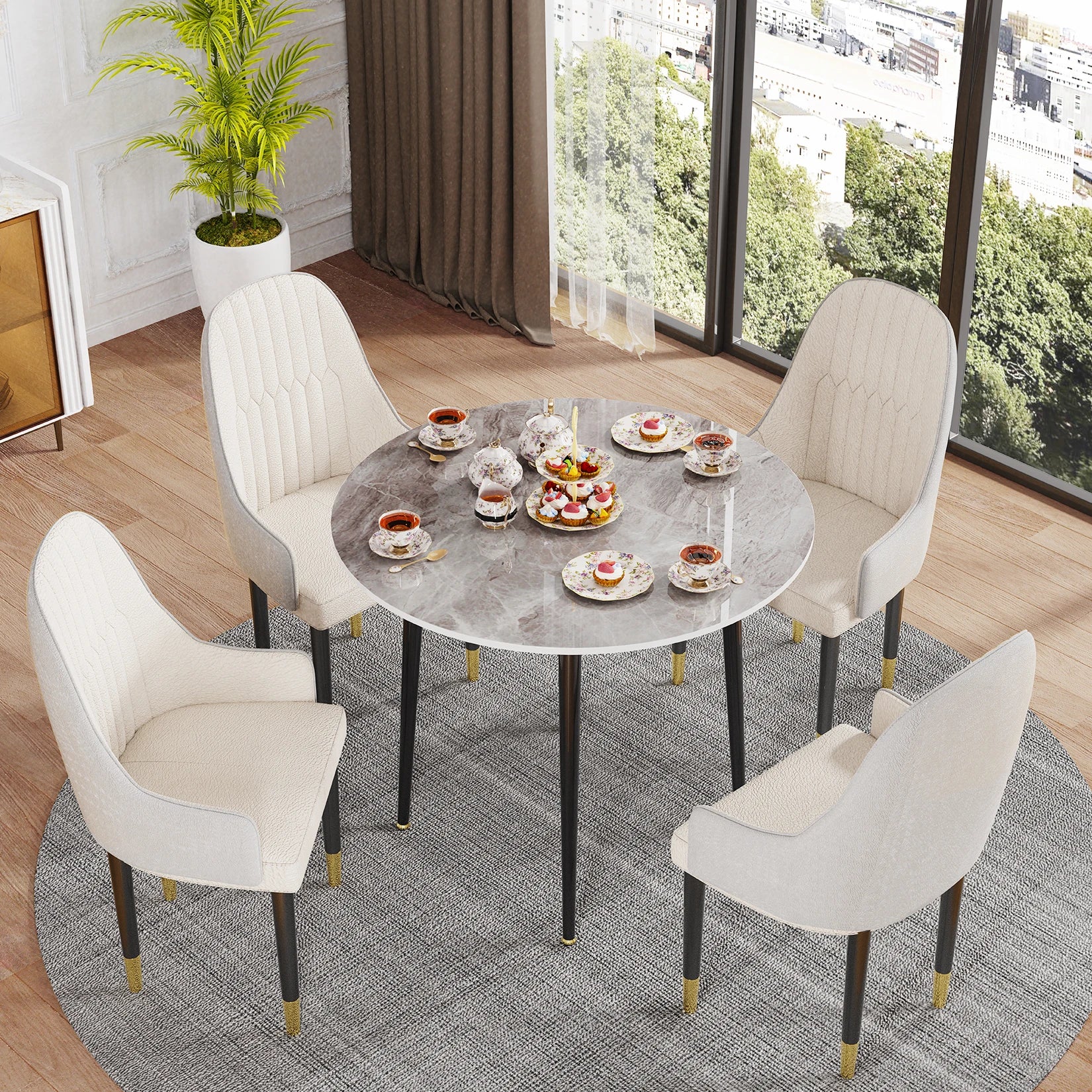 Round Sintered Stone Dining Table — Modern Marble Top with Metal Legs