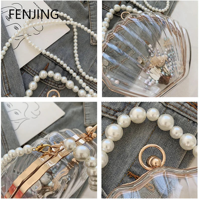 FENJING Transparent Shell Evening Bag — Pearl Chain Clutch & Crossbody Purse