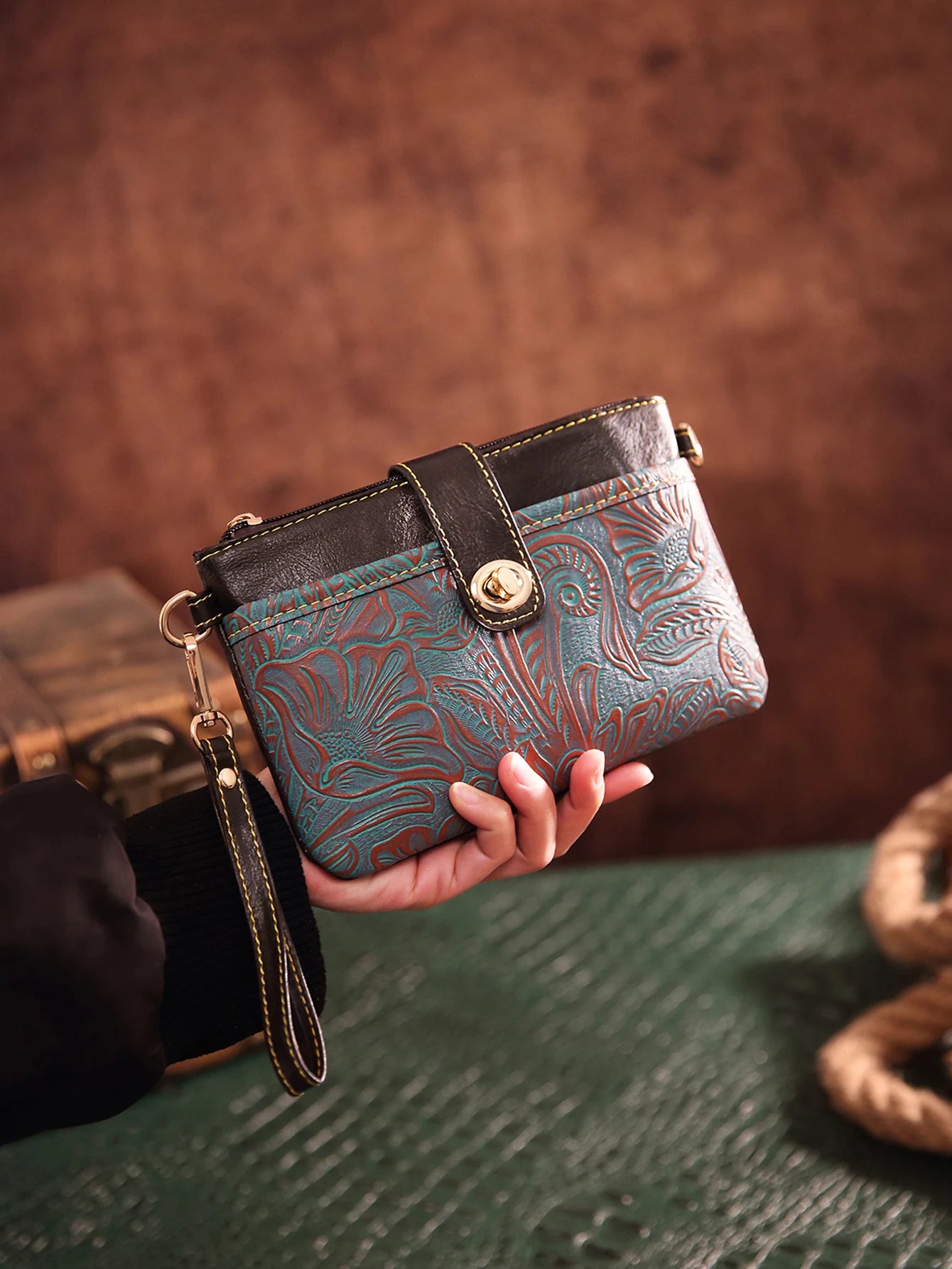 Floral Embossed Crossbody Bag — Multi-Compartment Shoulder Purse with Wristlet