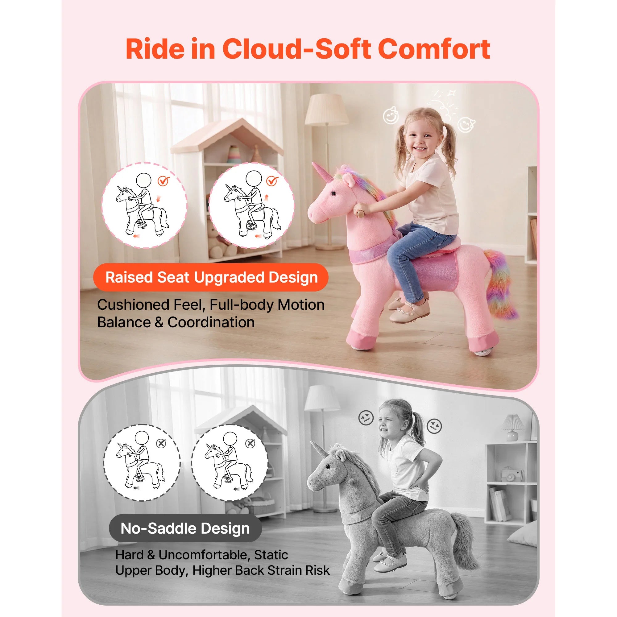 SucceBuy Pink Unicorn Ride On Toy — Interactive Musical Horse for Kids