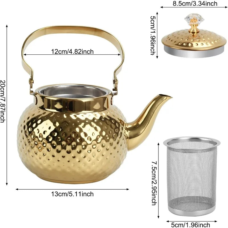 Hammered Stainless Steel Tea Kettle — Vintage Style Pot with Strainer
