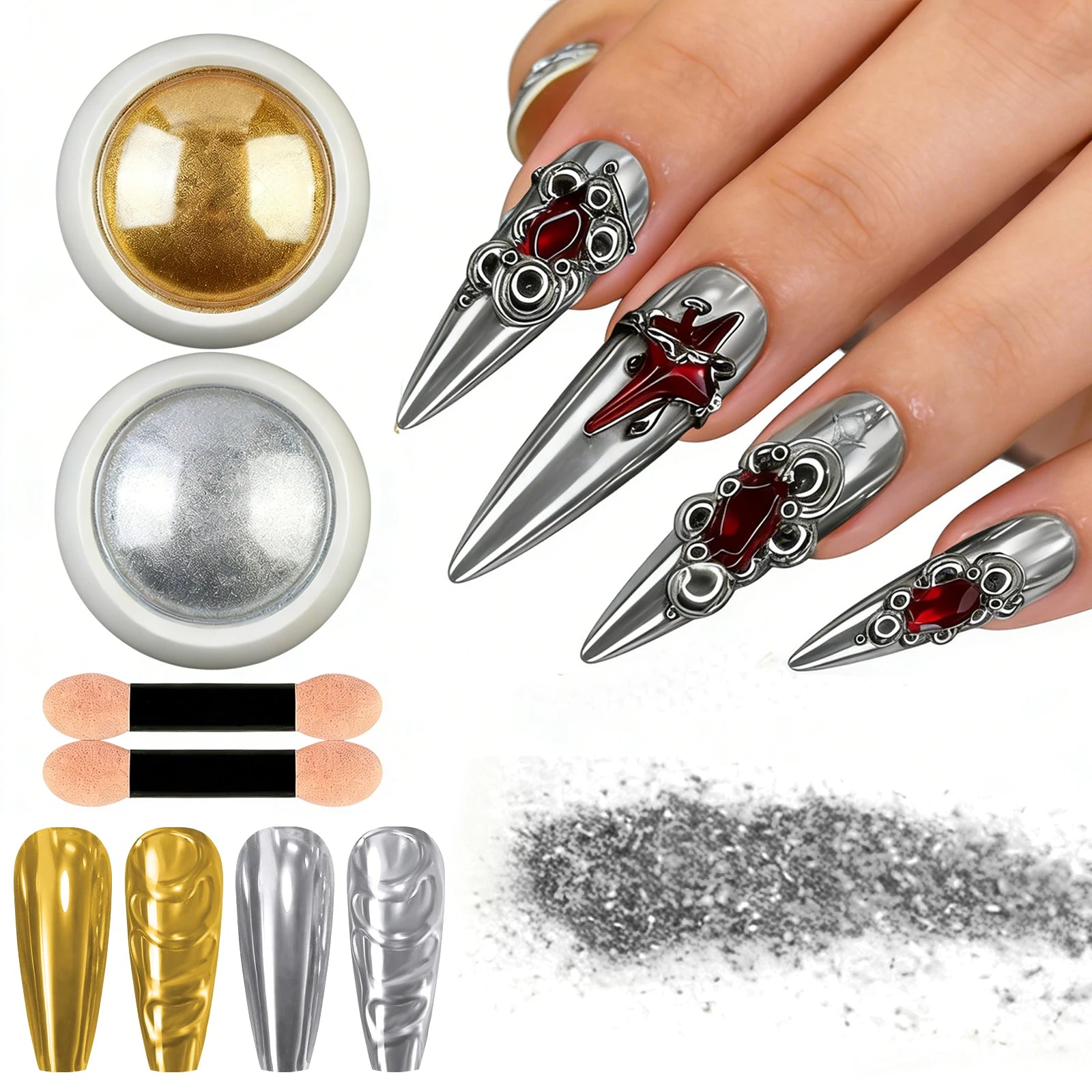 Misscheering Mirror Chrome Nail Powder Set — Metallic Glitter Pigment with Sponge Brush