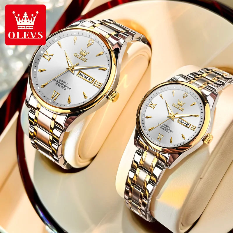 OLEVS 9806 Luxury Couple Watch Set — Waterproof Quartz Timepiece with Luminous Display