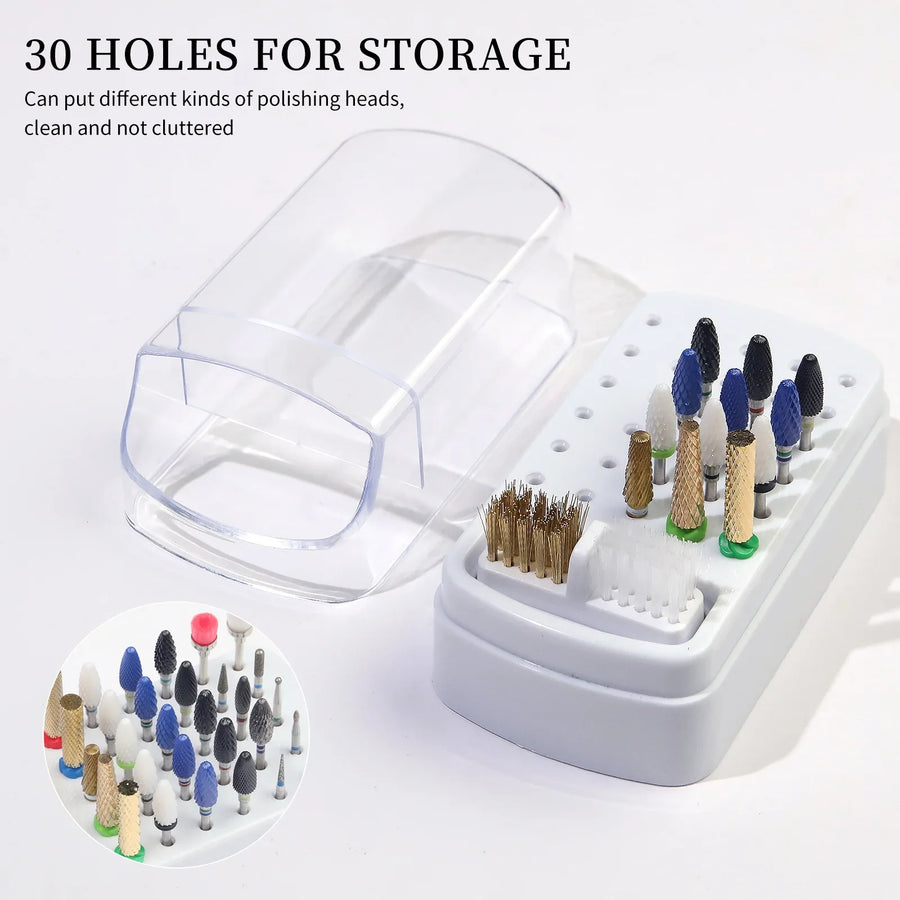 30-Hole Nail Drill Bit Organizer — Dustproof Storage & Cleaning Case