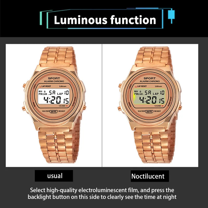 YIKAZE Women's LED Digital Watch — Retro Stainless Steel Luxury Wristwatch