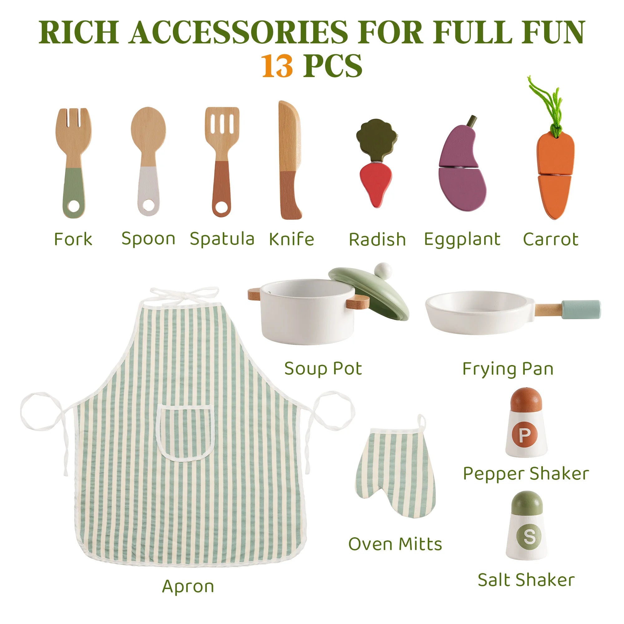 Robud Wooden Play Kitchen Set — Interactive Pretend Play Toy with Food