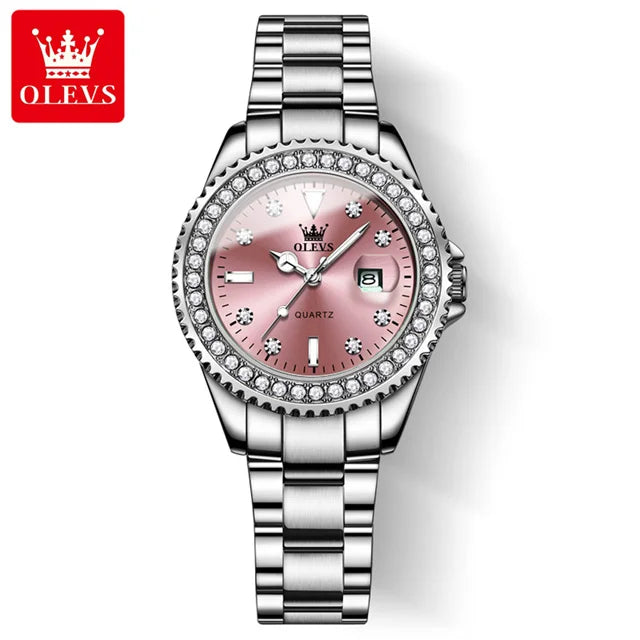 OLEVS Diamond Dial Quartz Watch — Elegant Stainless Steel Ladies Wristwatch