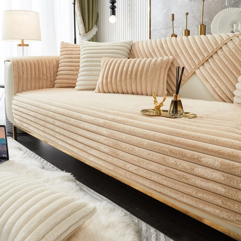 Plush Striped Sofa Cover — Soft Imitation Rabbit Fur Slipcover