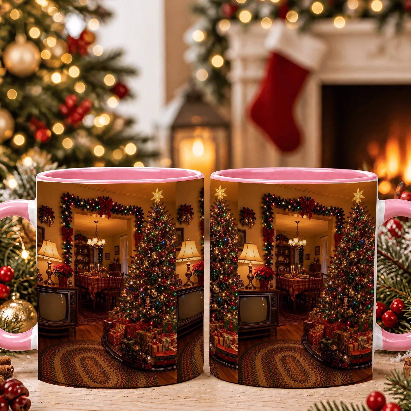 1pc Ceramic Christmas Coffee Mug with Cozy Fireplace & Tree Print - Suitable for Home, Office, Birthdays, Housewarmings - Multi-Holiday Gift for Hot/ Drinks, for Tea, Cocoa, for Home or Office Use (11oz)