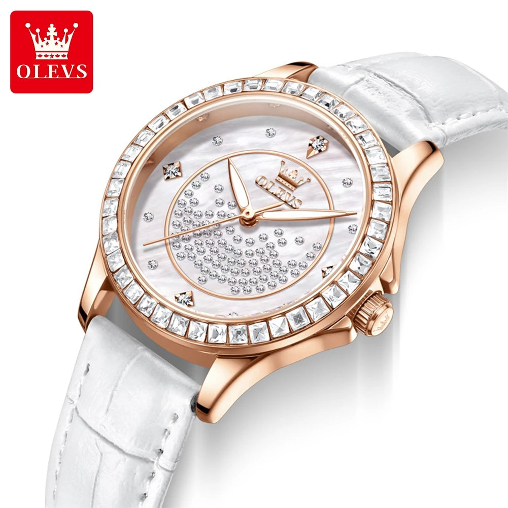 OLEVS Women's Luxury Quartz Watch — Diamond Accents & Leather Strap