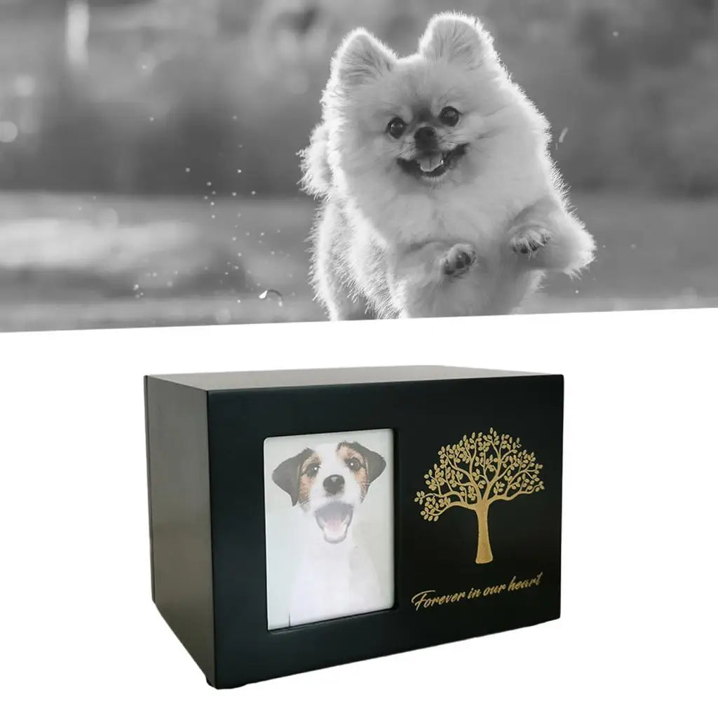 Wooden Pet Cremation Urn — Memorial Keepsake Box with Photo Frame