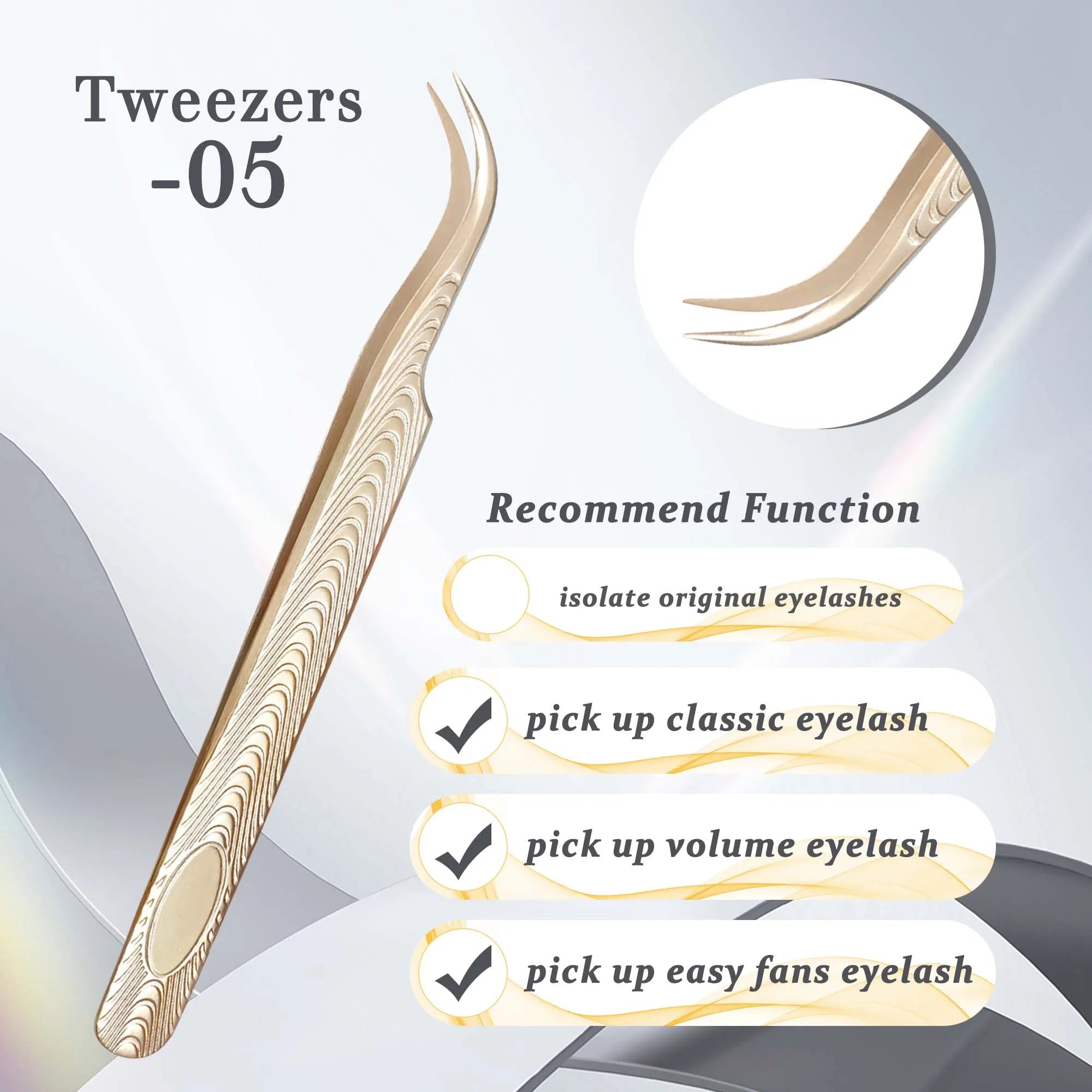 Gold Stainless Steel Eyelash Extension Tweezers — Anti-Slip Wood Grain Design