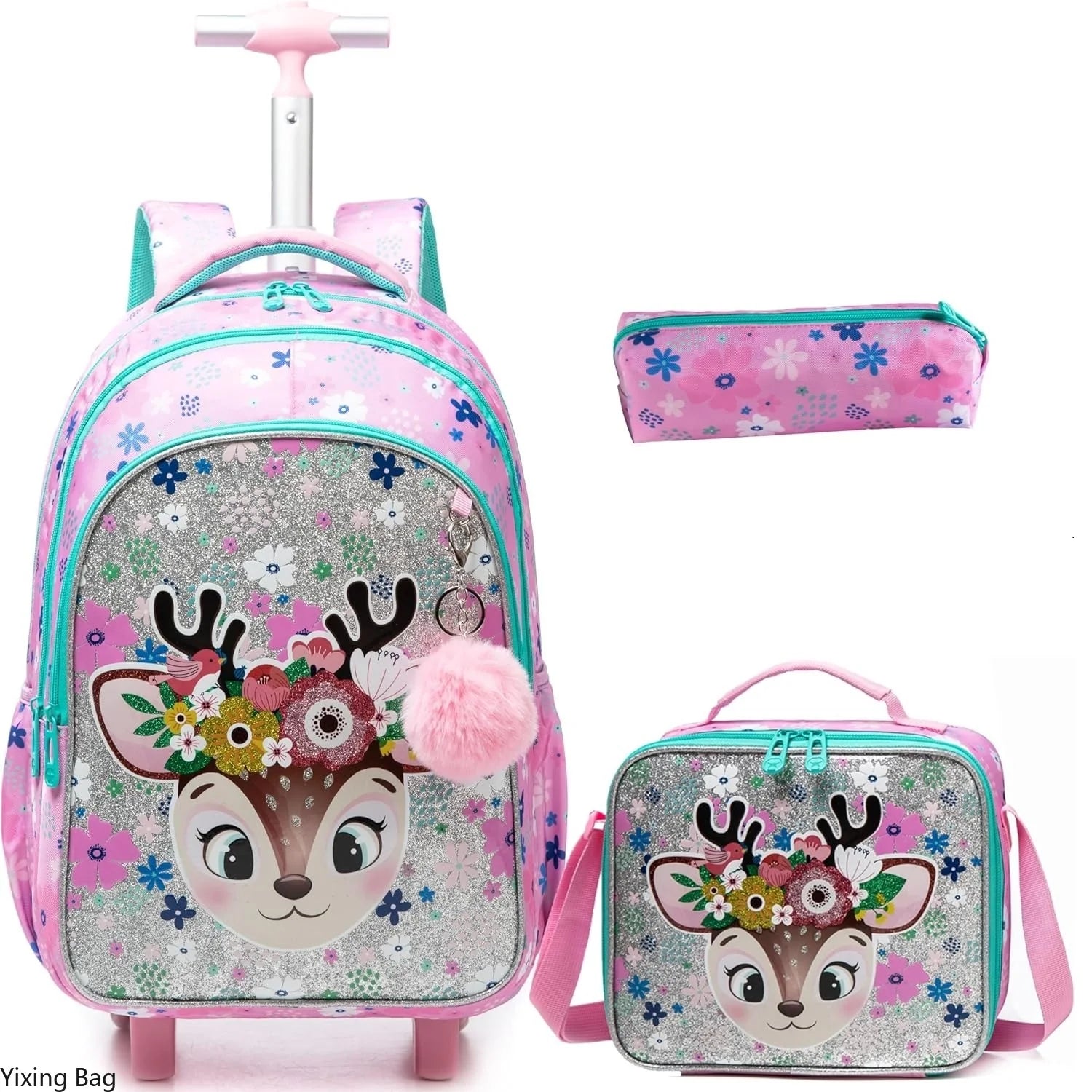 Children's Rolling Backpack Set — Wheeled School Bag with Lunch Bag & Pencil Case