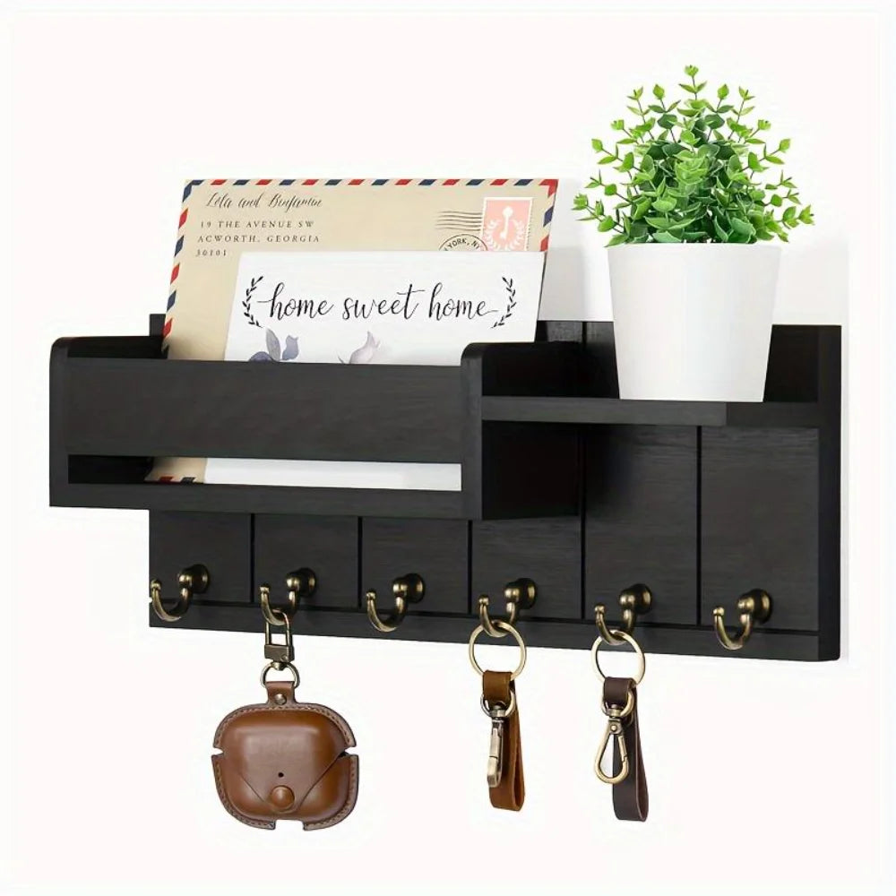 Wooden Wall Mount Key Holder — 6 Hook Organizer with Mail Sorter & Shelf