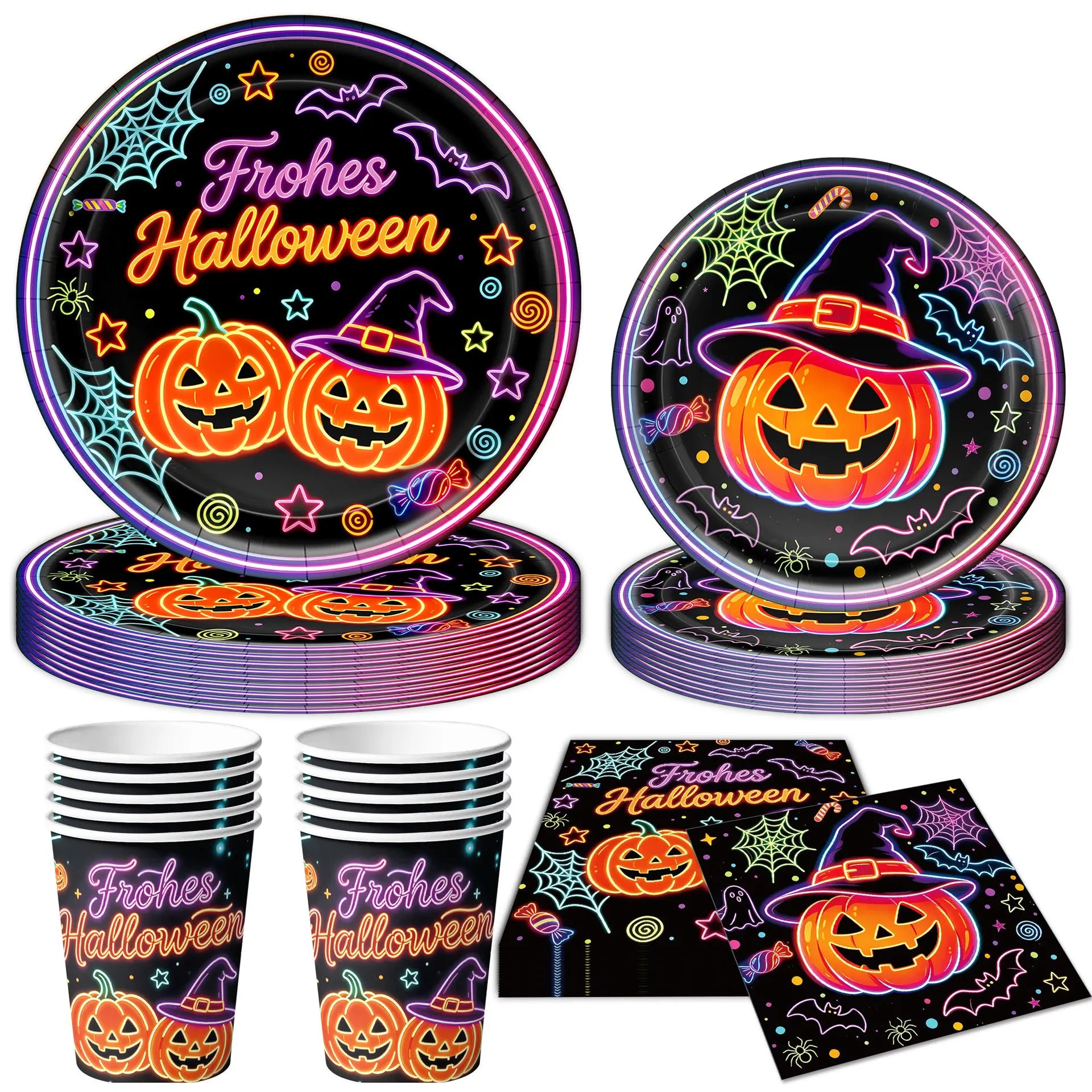 RENYUAN Neon Pumpkin Disposable Tableware Set — Festive Party Decor