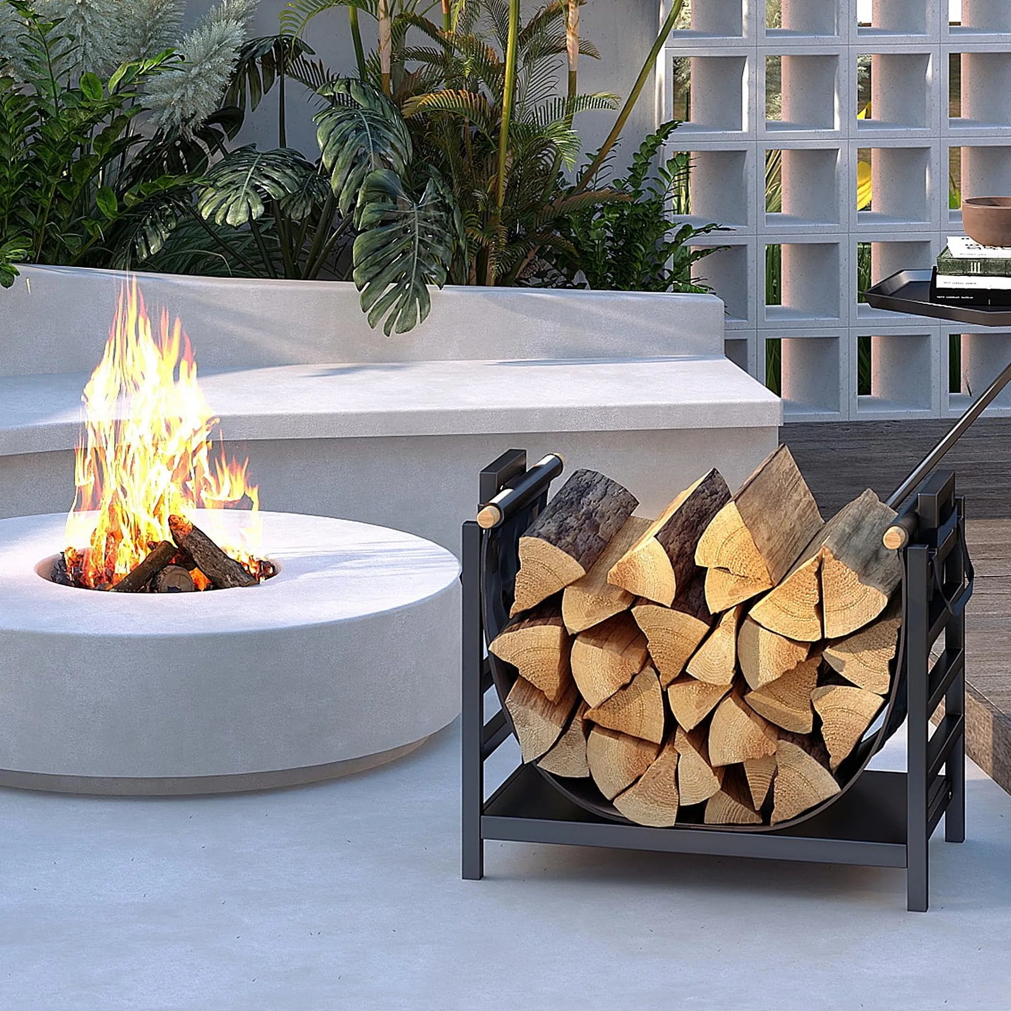 Metal Firewood Rack with Canvas Log Carrier — Indoor & Outdoor Storage