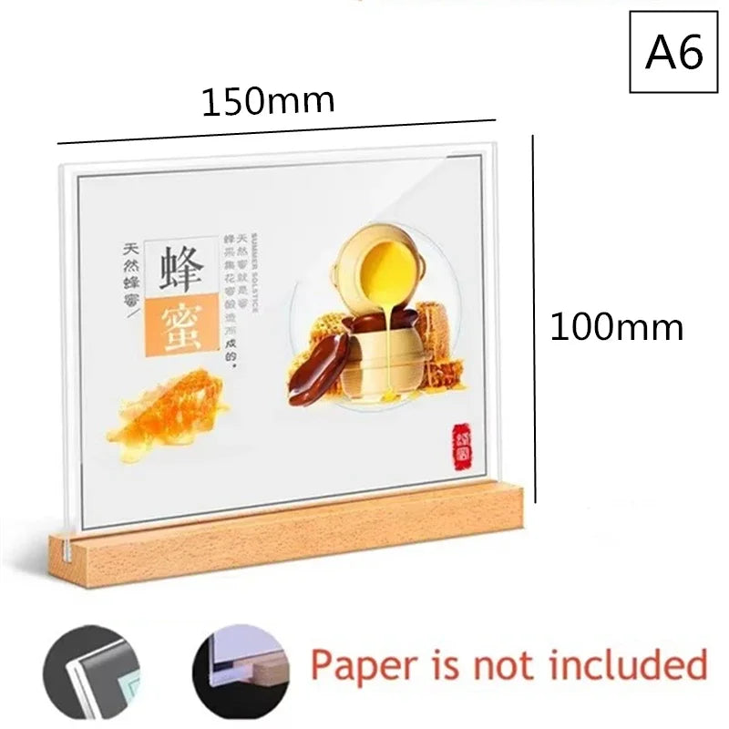 Acrylic Sign Holder with Wooden Base — Double-Sided Tabletop Display Stand
