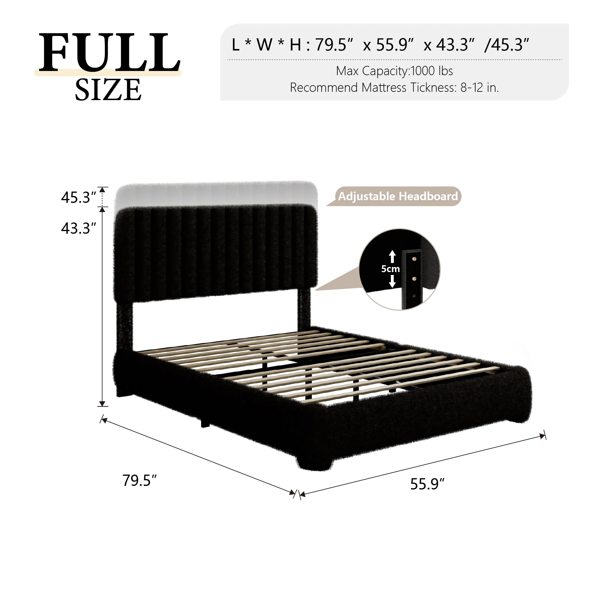 Sismplly Upholstered Boucle Bed Frame — Adjustable Headboard & Noise-Free Design