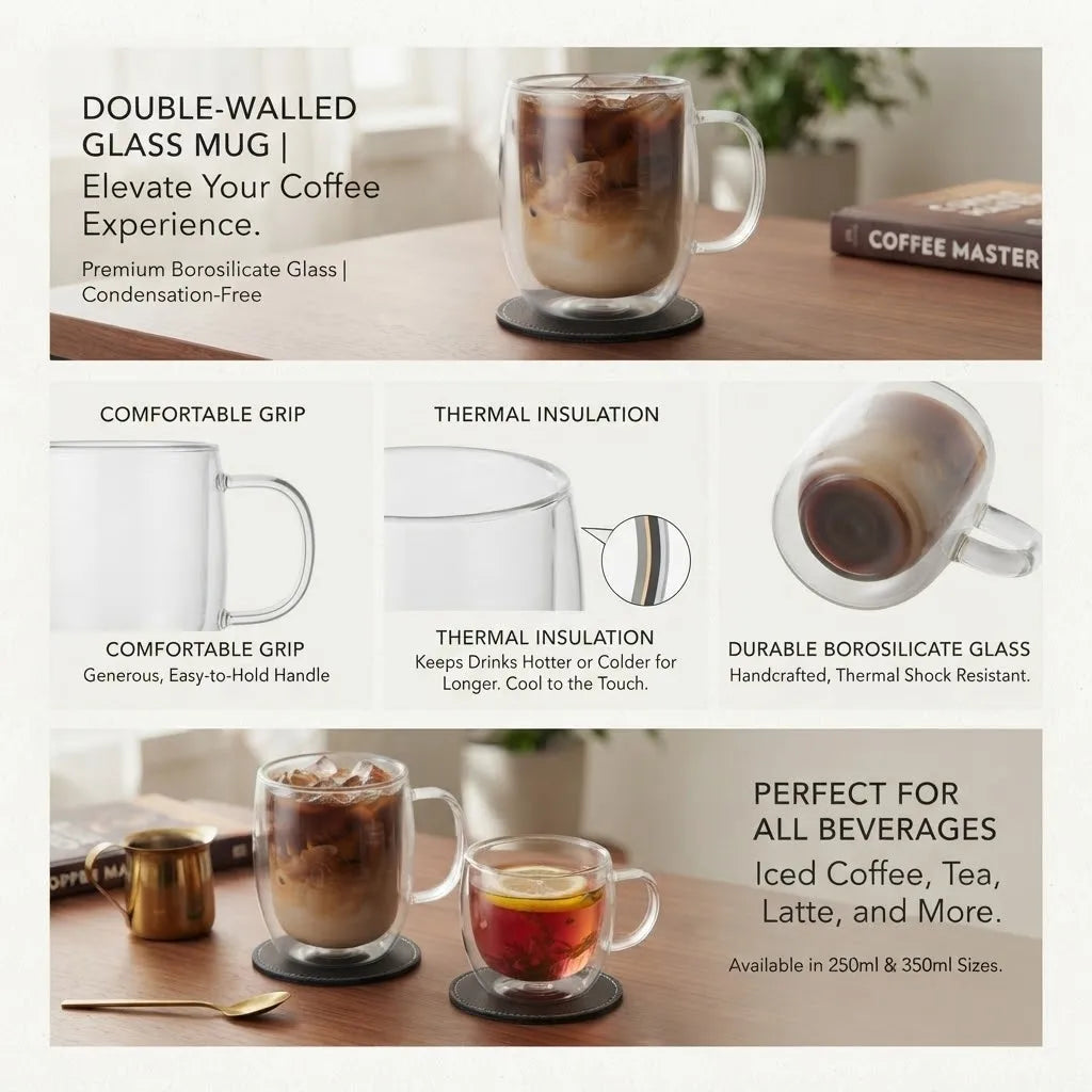 Double Wall Glass Coffee Mugs — Insulated Clear Drinkware with Handles