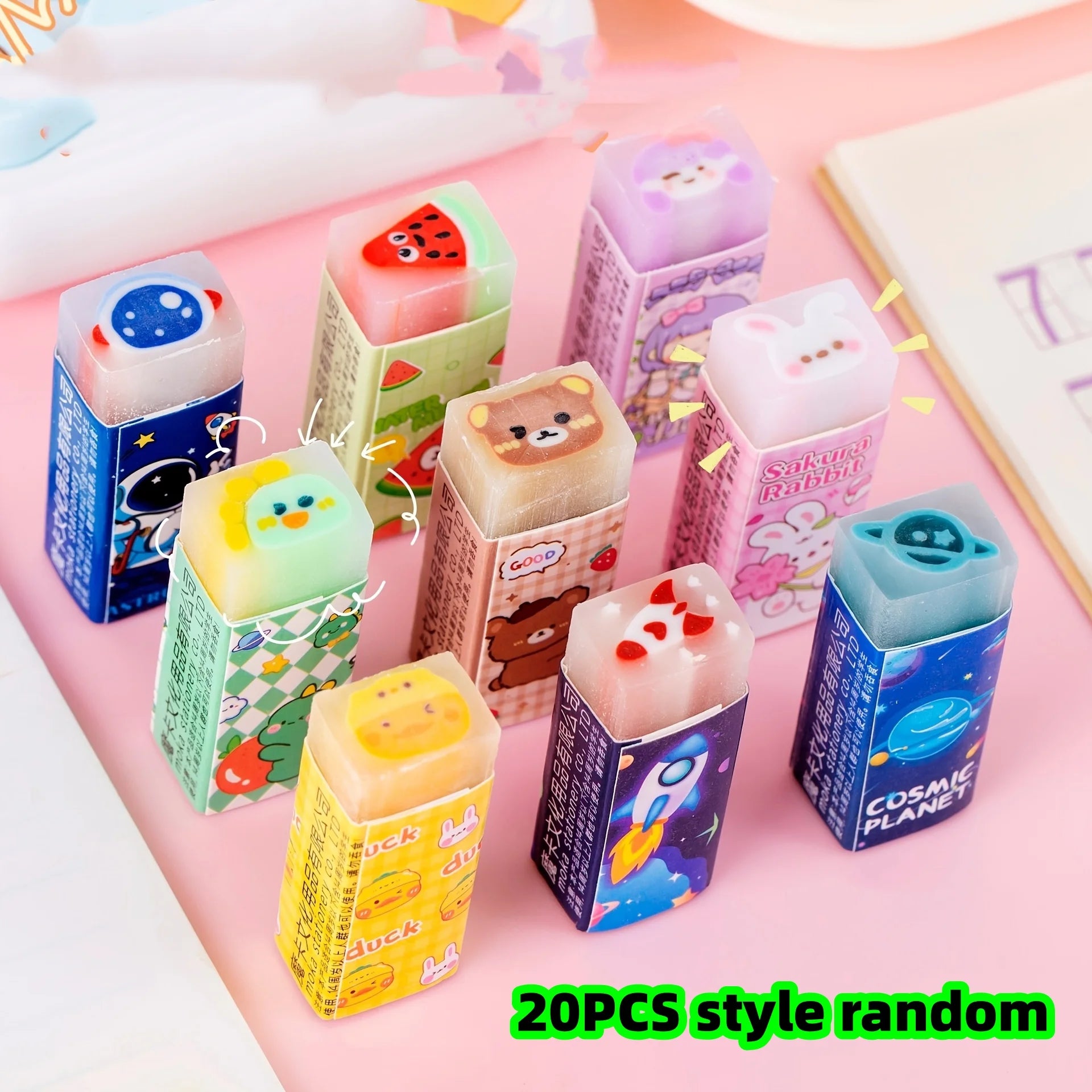 Assorted Cartoon Fruit Jelly Erasers — Fun Student Stationery Set