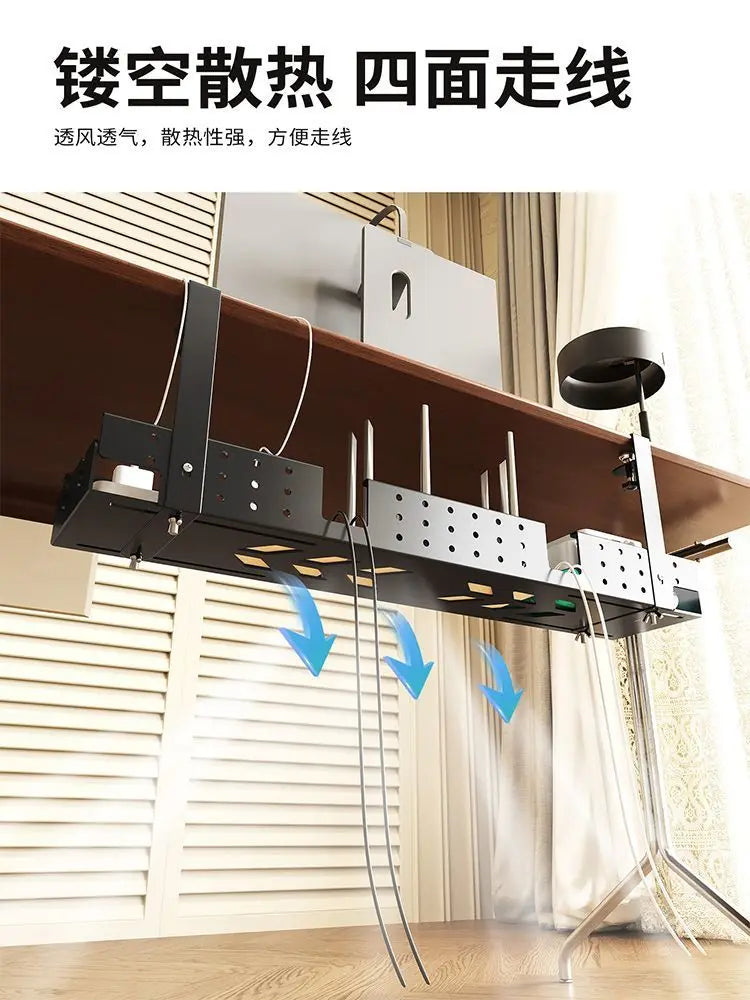 Under Desk Cable Management Tray — Sturdy Metal Cord Organizer, No-Drill Clamp Mount