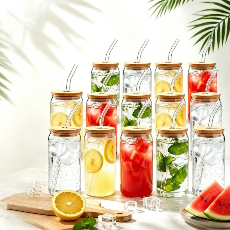 Glass Tumbler Set with Bamboo Lids — Reusable Iced Coffee Cups & Straws