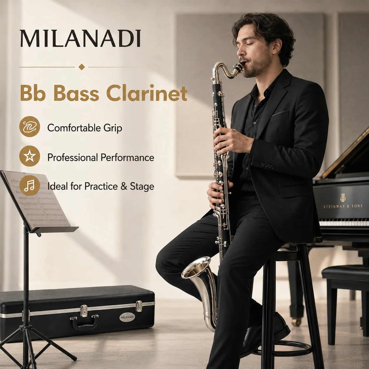 MILANADI M1994 Professional Bass Clarinet — ABS Body with Silver Plated Keys