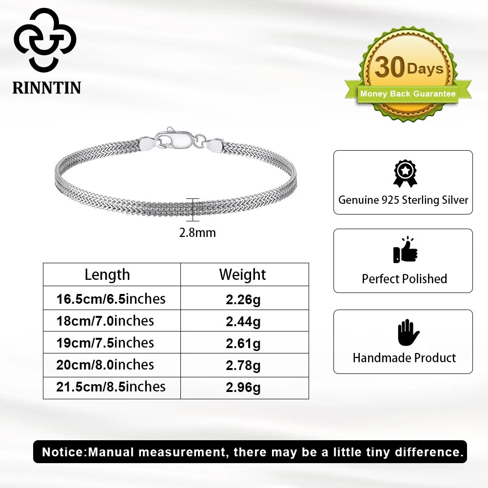 Rinntin 925 Sterling Silver Flat Mesh Bracelet — Classic Unisex Bangle Chain