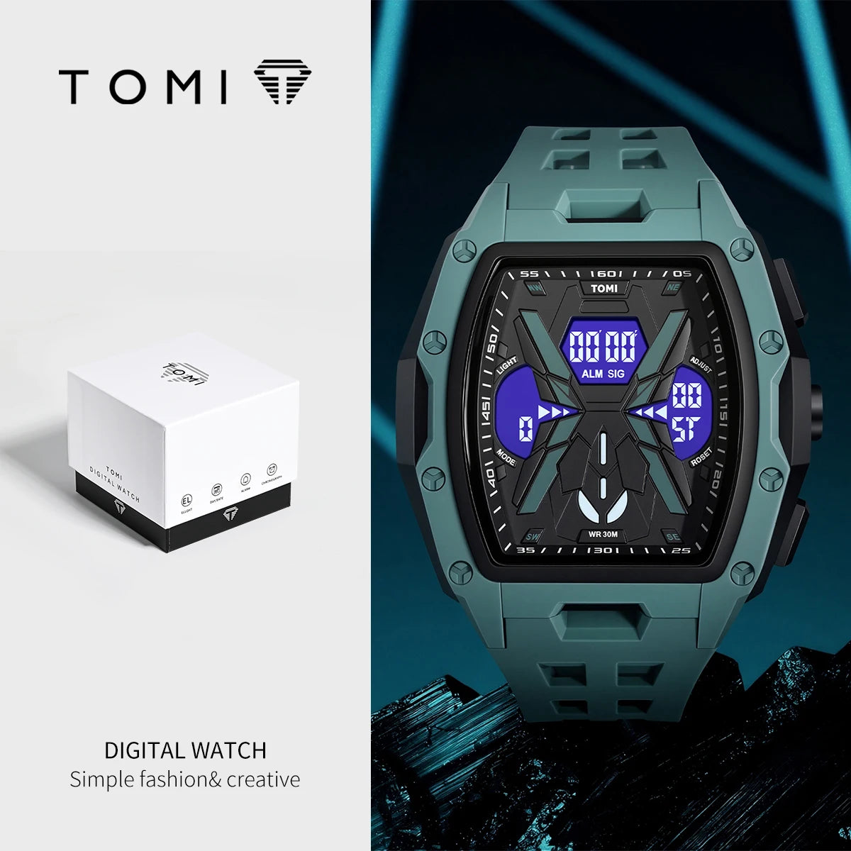 TOMI Men's Mecha Style Digital Watch — Breathable Silicone Sports Wristwatch
