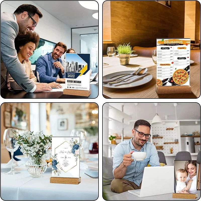 Acrylic Sign Holder with Wooden Base — Double-Sided Tabletop Display Stand