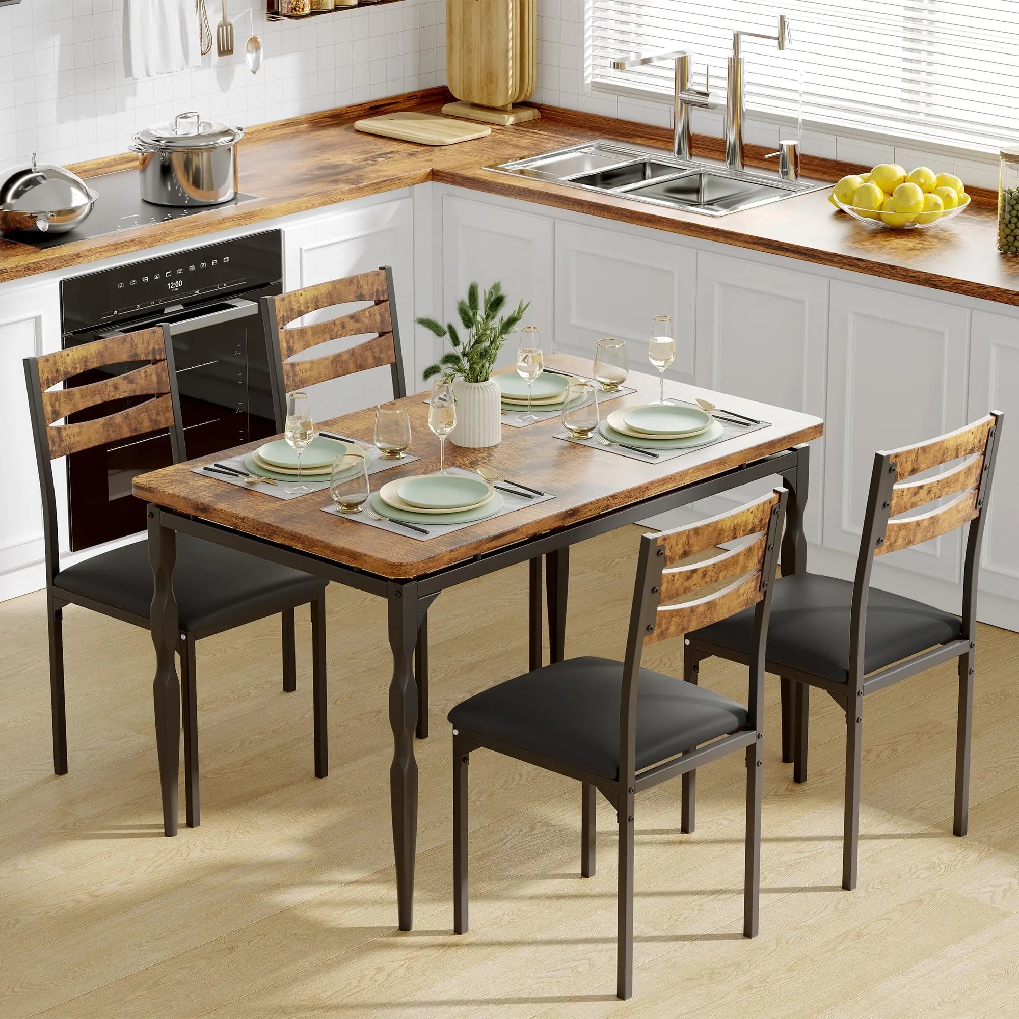 5 Piece Industrial Dining Table Set — Compact Kitchen Table & 4 Chairs