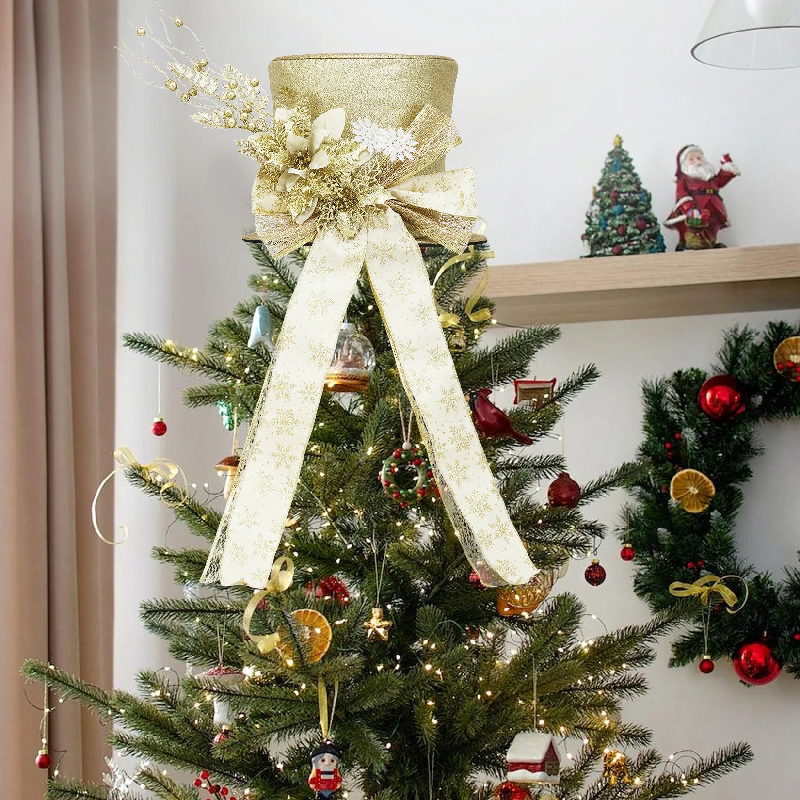 EliteZ Glitter Christmas Tree Topper Bow — Decorative Spruce Branch Accent