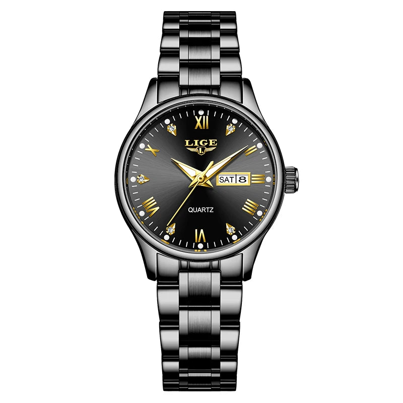 Elegant Women's Quartz Watch — Diamond Dial Stainless Steel Wristwatch